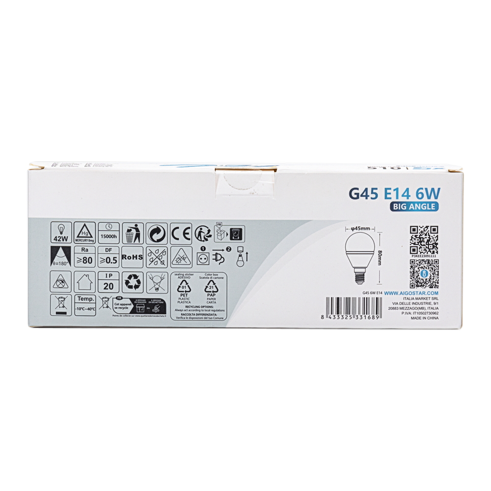 Confezione da 5 Lampadine Led E14 G45 6W Bianco freddo 6500K Aigostar - Foto 4
