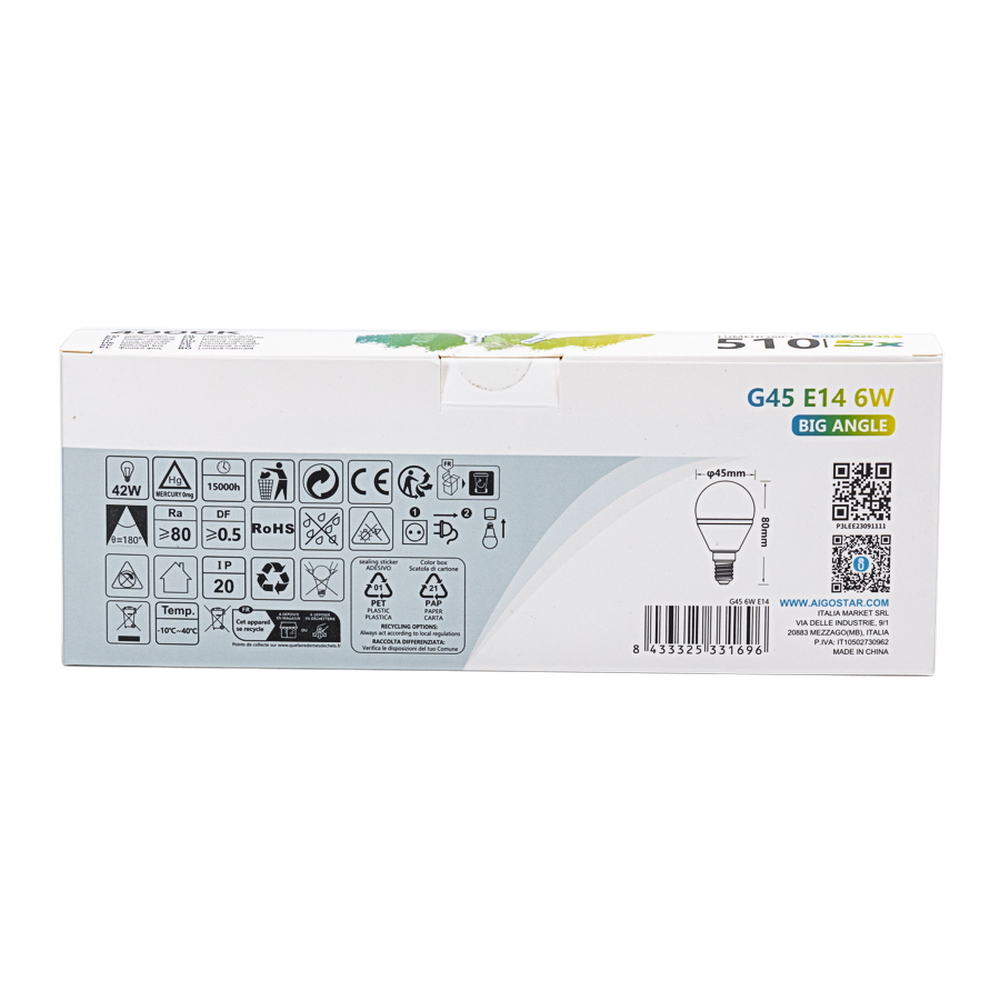 Confezione da 5 Lampadine Led E14 G45 6W Bianco neutro 4000K Aigostar - Foto 4