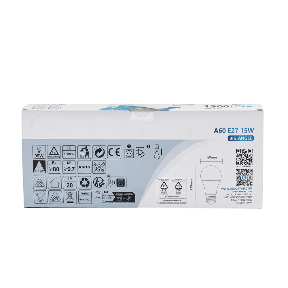 Confezione da 5 Lampadine Led E27 A60 15W Bianco freddo 6500K Aigostar - Foto 5