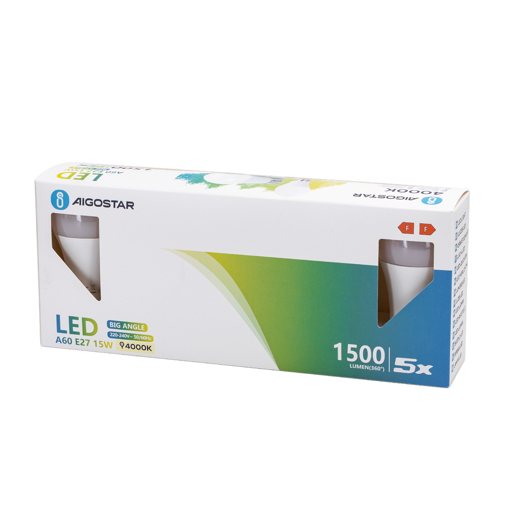 Confezione da 5 Lampadine Led E27 A60 15W Bianco neutro 4000K Aigostar - Foto 4