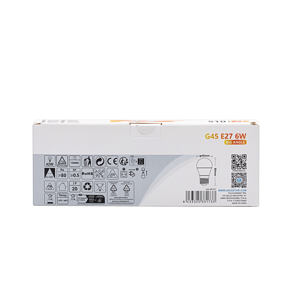 Confezione da 5 Lampadine Led E27 G45 6W Bianco caldo 3000K Aigostar - Foto 4