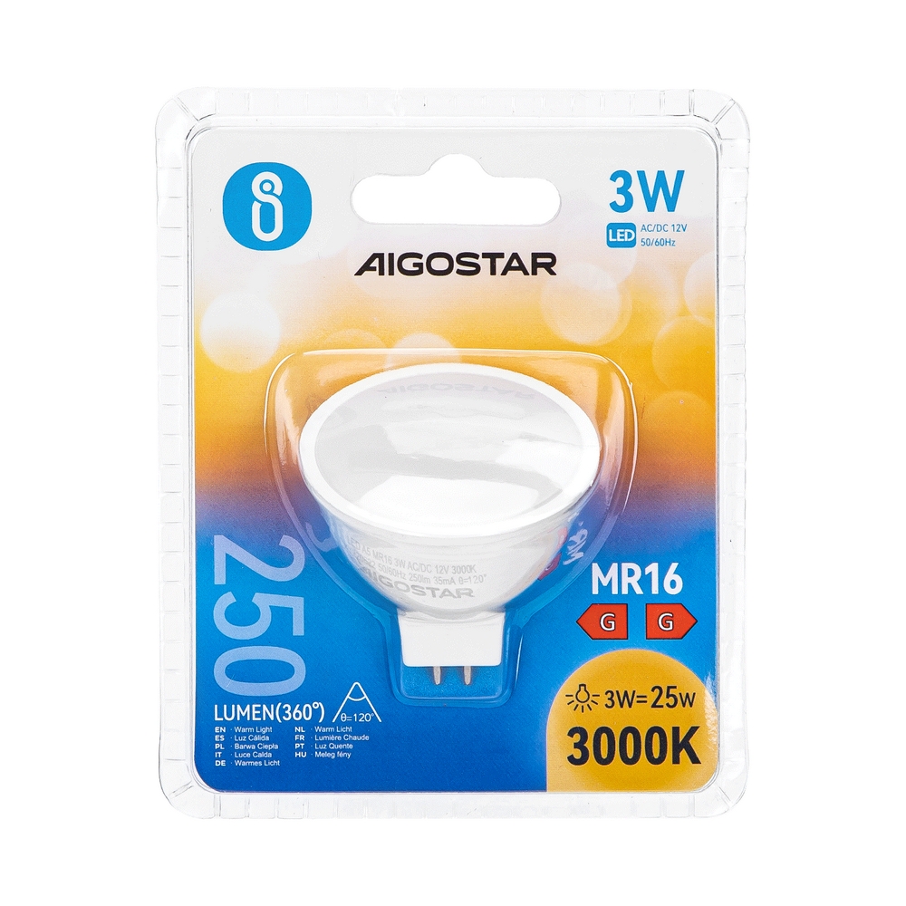 Faretto Led MR16 3W SMD Apertura 120 gradi Bianco caldo 3000K Aigostar - Foto 2