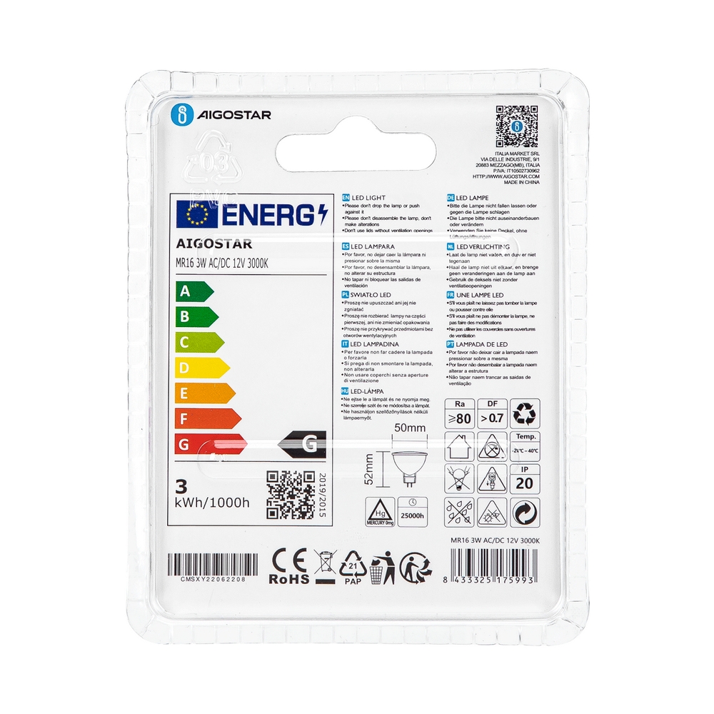 Faretto Led MR16 3W SMD Apertura 120 gradi Bianco caldo 3000K Aigostar - Foto 3