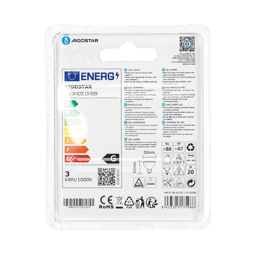 Faretto Led MR16 3W SMD Apertura 120 gradi Bianco freddo 6500K Aigostar - Foto 3