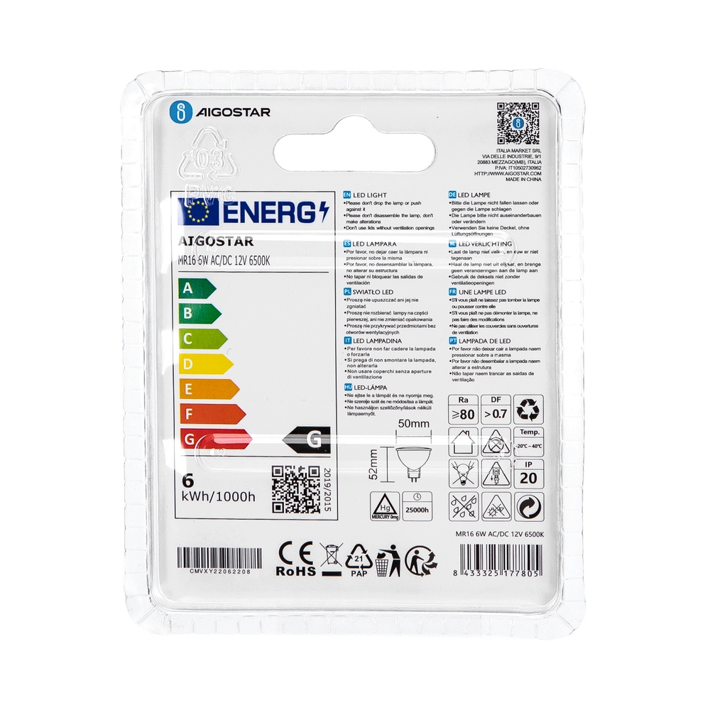 Faretto Led MR16 6W SMD Apertura 120 gradi Bianco freddo 6500K Aigostar - Foto 3