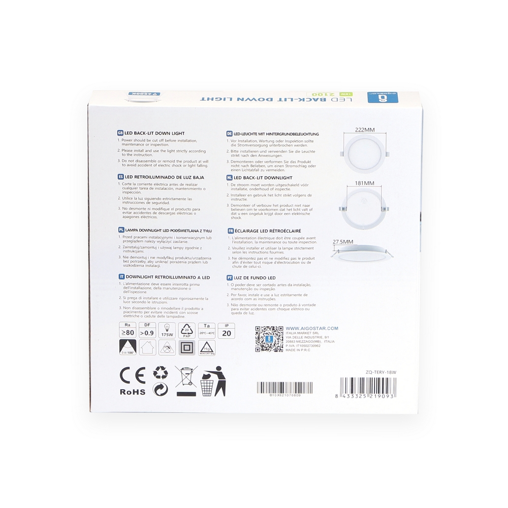 Faretto Led slim da incasso 18W Rotondo Cornice bianca Apertura 100 gradi Bianco freddo 6500K Aigostar - Foto 2