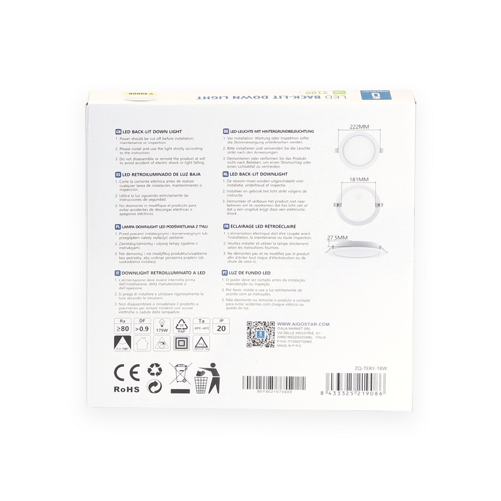 Faretto Led slim da incasso 18W Rotondo Cornice bianca Apertura 100 gradi Bianco neutro 4500K Aigostar - Foto 2