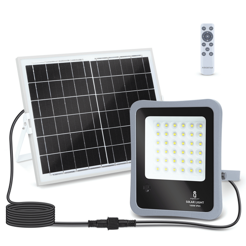 Faro Led 100W Grigio con pannello solare IP65 Bianco freddo 6500K Dimmerabile con telecomando e con sensore crepuscolare Aigostar - Foto 1