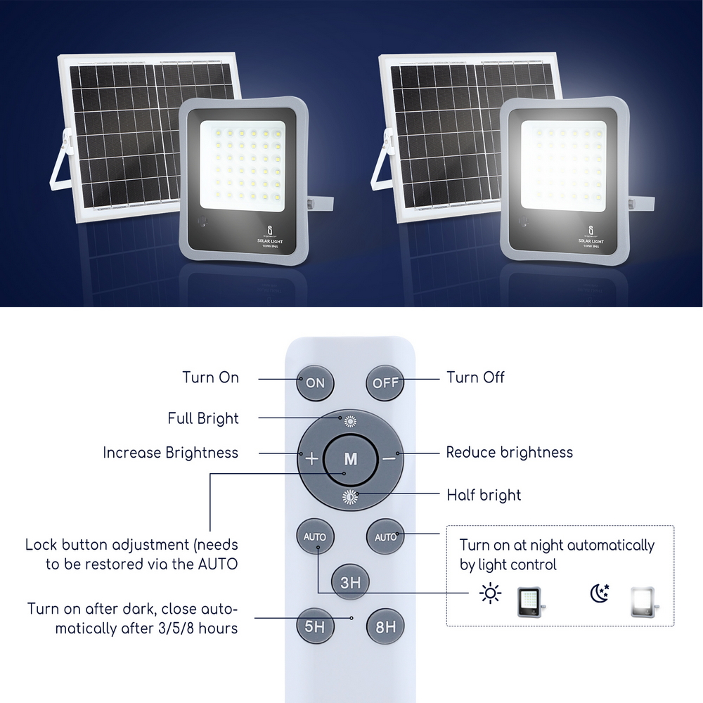 Faro Led 100W Grigio con pannello solare IP65 Bianco freddo 6500K Dimmerabile con telecomando e con sensore crepuscolare Aigostar - Foto 3
