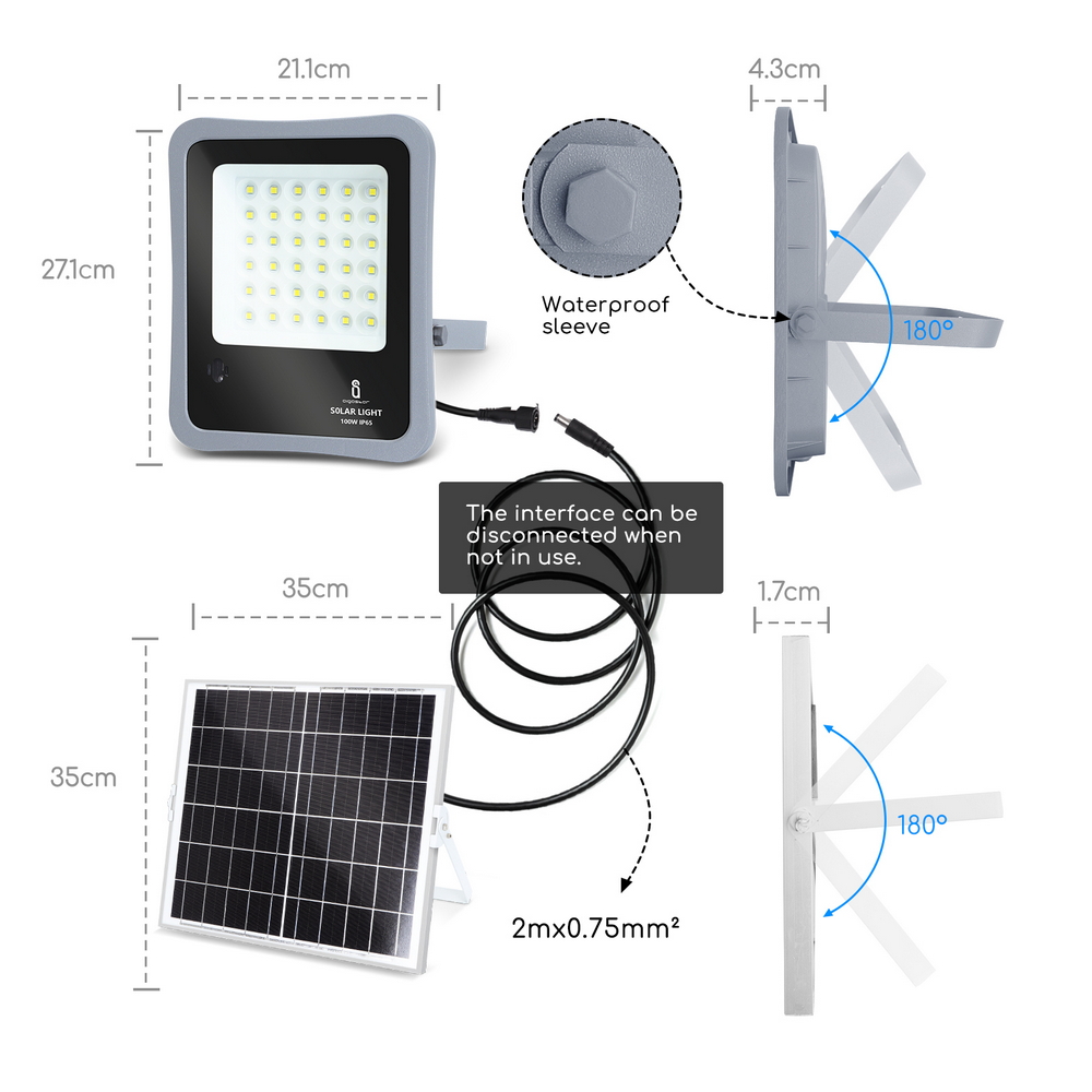 Faro Led 100W Grigio con pannello solare IP65 Bianco freddo 6500K Dimmerabile con telecomando e con sensore crepuscolare Aigostar - Foto 4