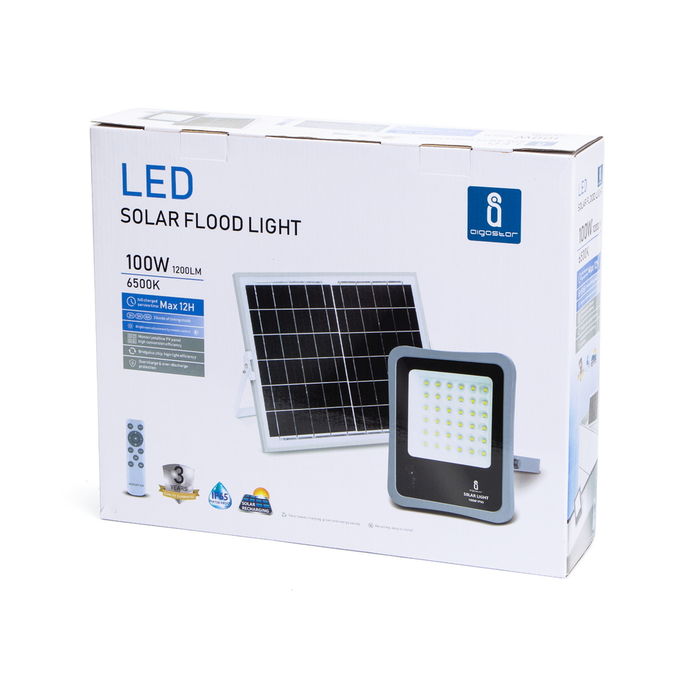 Faro Led 100W Grigio con pannello solare IP65 Bianco freddo 6500K Dimmerabile con telecomando e con sensore crepuscolare Aigostar - Foto 6