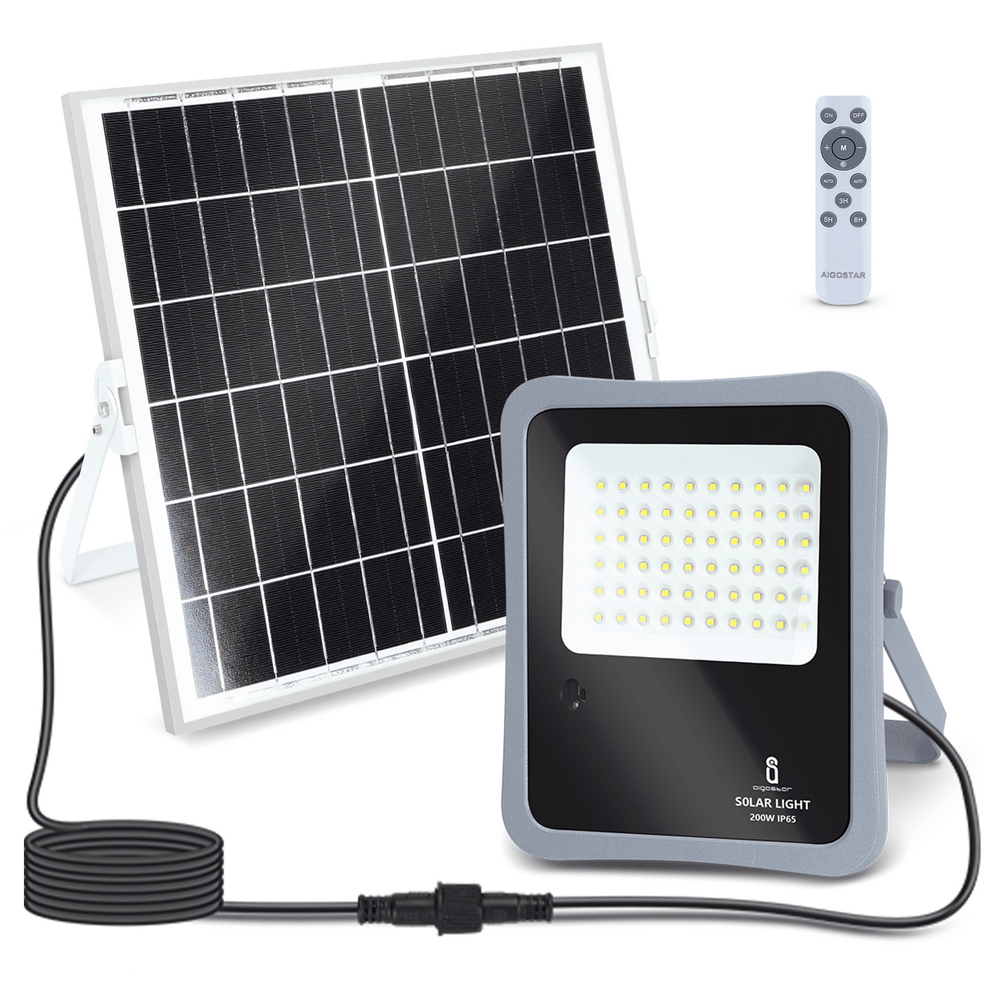 Faro Led 200W Grigio con pannello solare IP65 Bianco freddo 6500K Dimmerabile con telecomando e con sensore crepuscolare Aigostar - Foto 1
