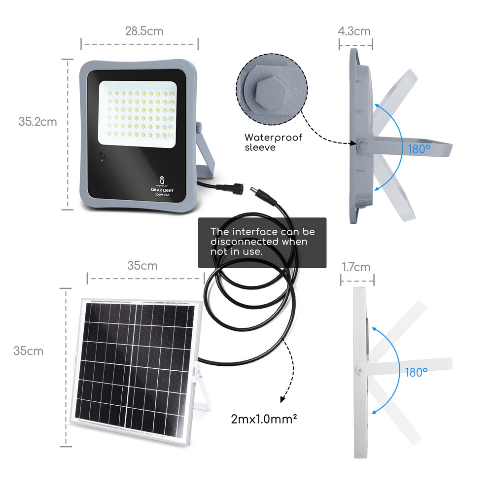 Faro Led 200W Grigio con pannello solare IP65 Bianco freddo 6500K Dimmerabile con telecomando e con sensore crepuscolare Aigostar - Foto 4