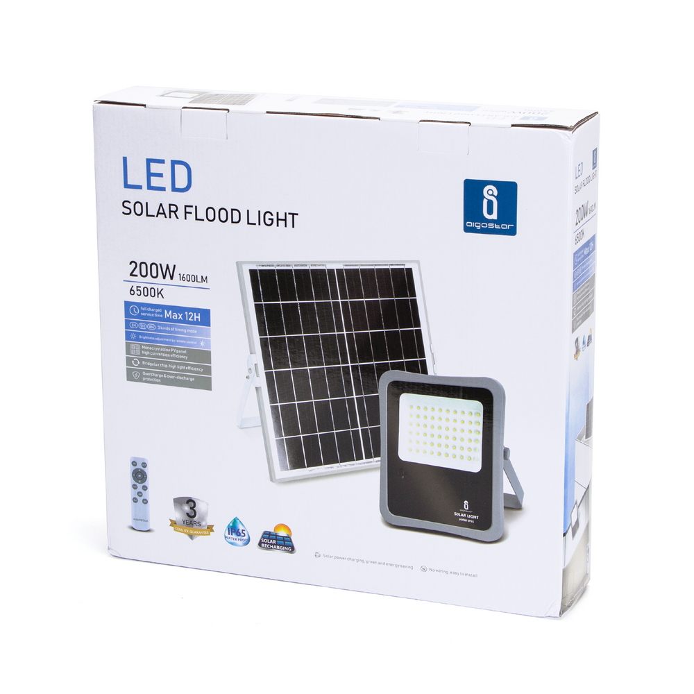 Faro Led 200W Grigio con pannello solare IP65 Bianco freddo 6500K Dimmerabile con telecomando e con sensore crepuscolare Aigostar - Foto 6