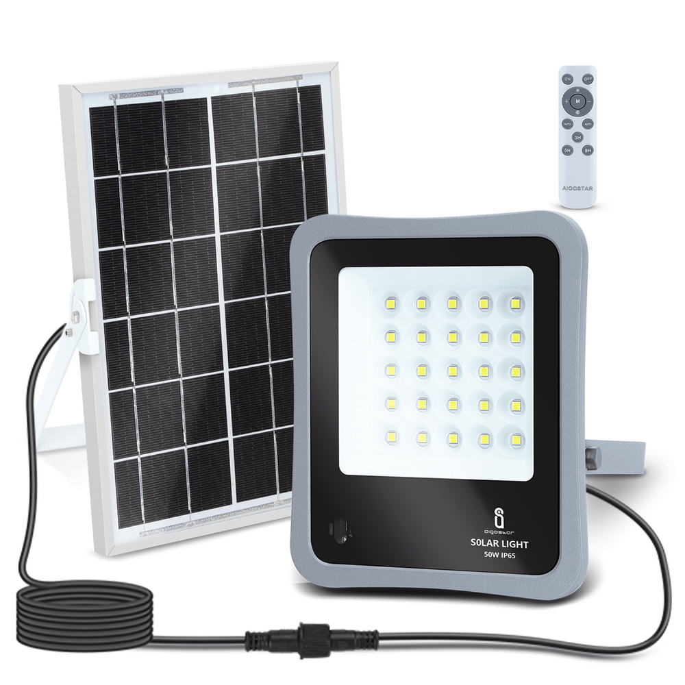 Faro Led 50W Grigio con pannello solare IP65 Bianco freddo 6500K Dimmerabile con telecomando e con sensore crepuscolare Aigostar - Foto 1
