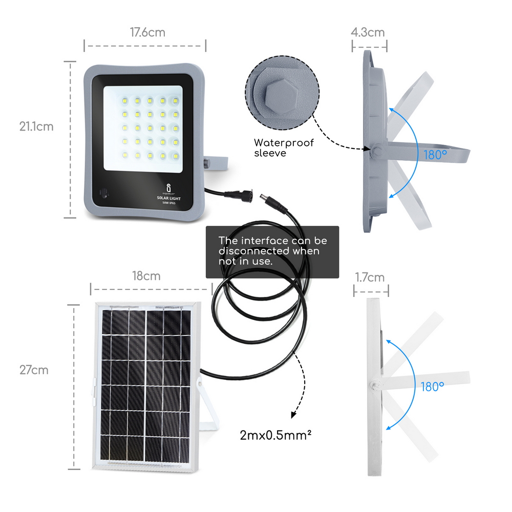 Faro Led 50W Grigio con pannello solare IP65 Bianco freddo 6500K Dimmerabile con telecomando e con sensore crepuscolare Aigostar - Foto 4