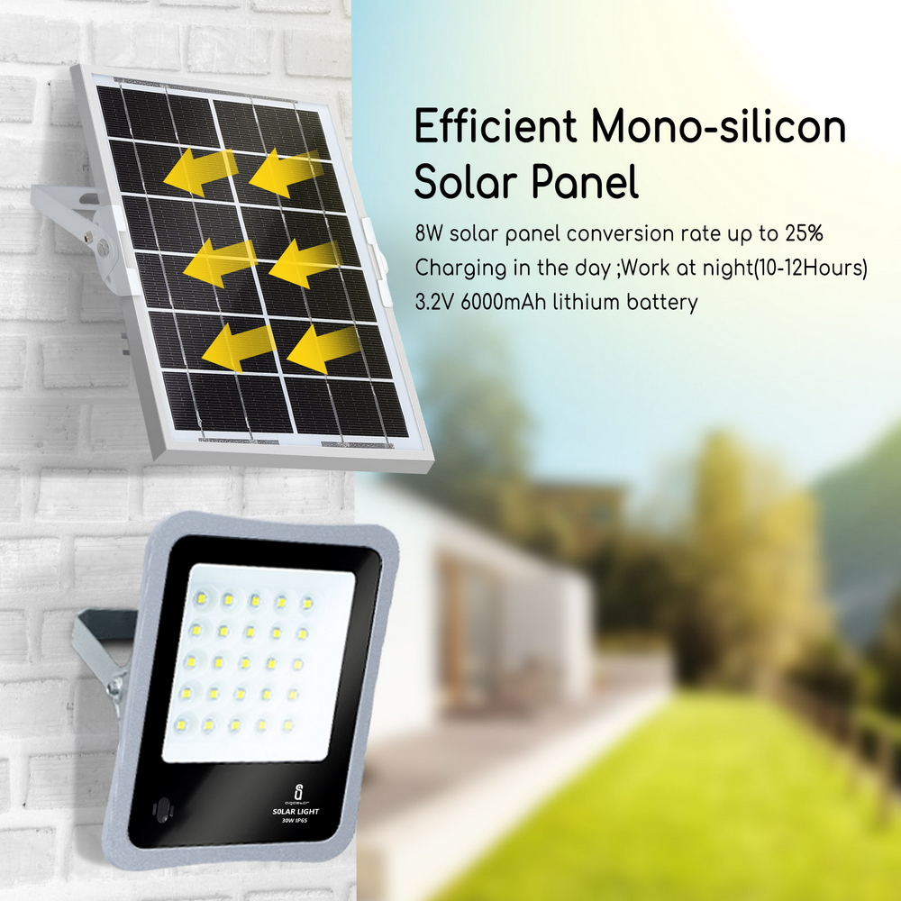 Faro Led 50W Grigio con pannello solare IP65 Bianco freddo 6500K Dimmerabile con telecomando e con sensore crepuscolare Aigostar - Foto 5