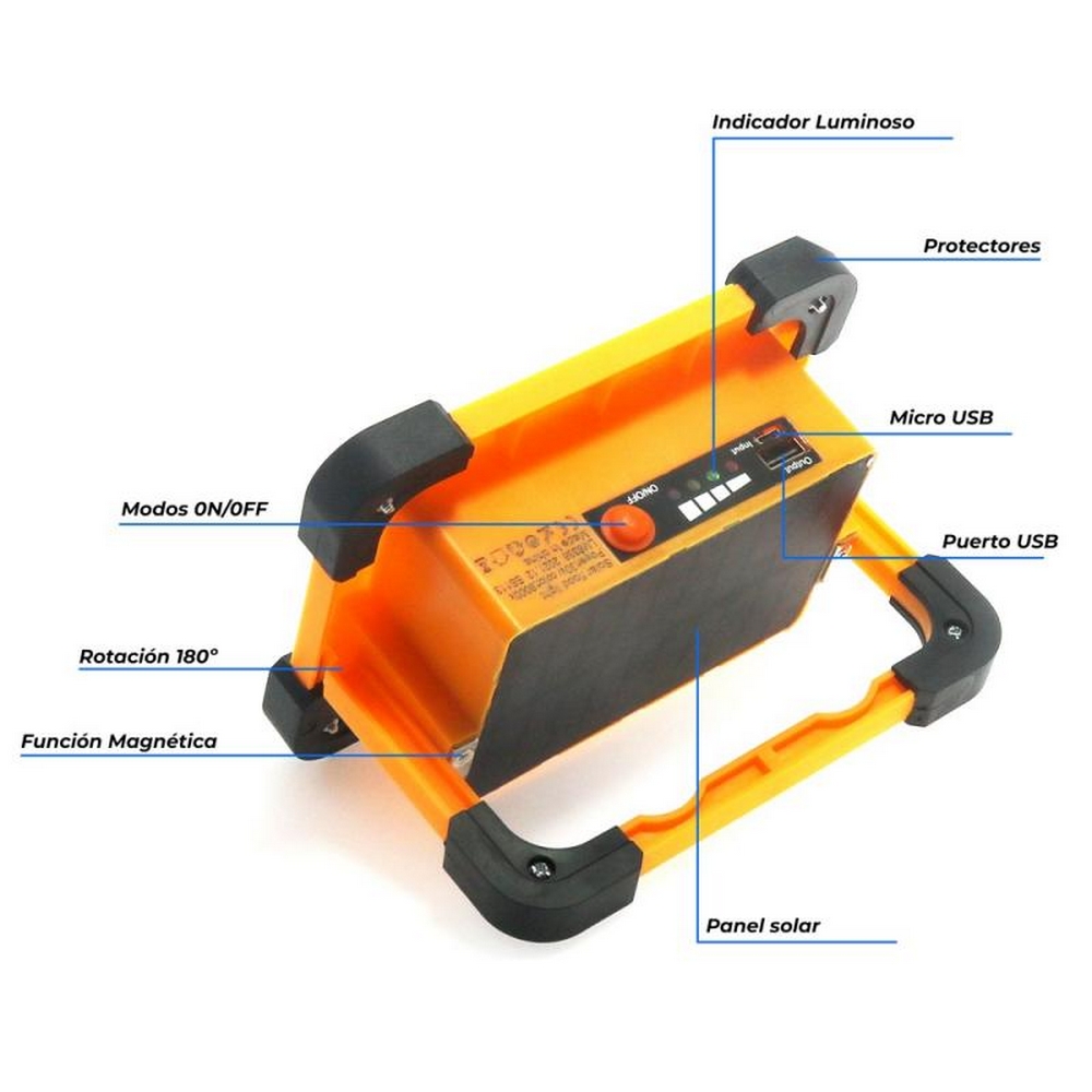 Faro Led da lavoro portatile 30W Power bank Nero e giallo Alimentazione a batteria e pannello solare IP66 Bianco freddo 6000K Dimmerabile M LEDME - Foto 1