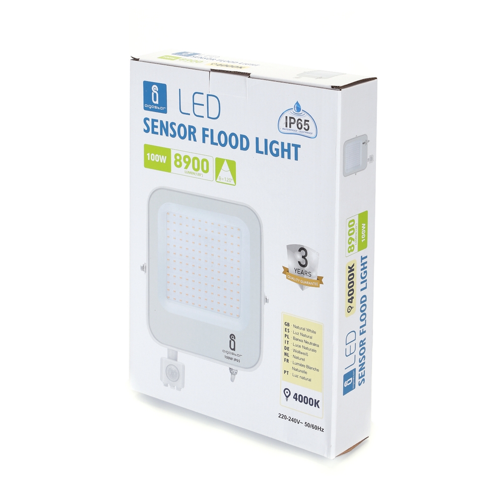Faro proiettore Led 100W Bianco da esterno IP65 Bianco neutro 4000K con sensore crepuscolare e di movimento Aigostar - Foto 3