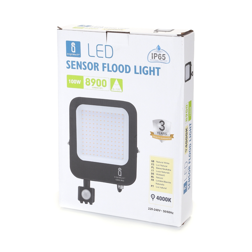 Faro proiettore Led 100W Nero da esterno IP65 Bianco neutro 4000K con sensore crepuscolare e di movimento Aigostar - Foto 3
