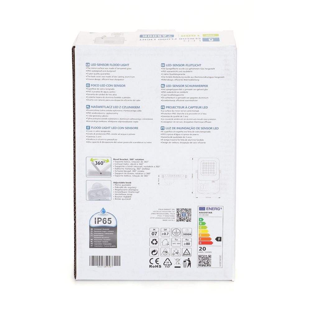 Faro proiettore Led 20W Bianco da esterno IP65 Bianco freddo 6500K con sensore crepuscolare e di movimento Aigostar - Foto 4