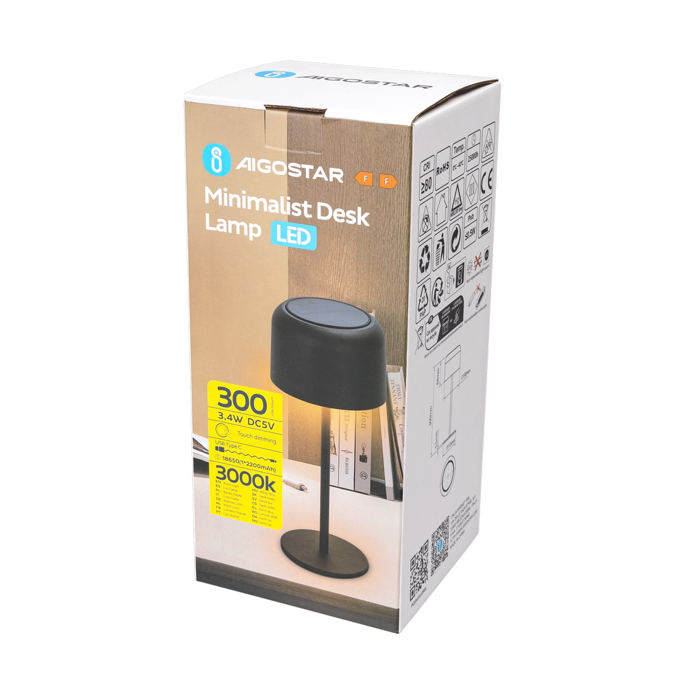 Lampada da tavolo Led touch Minimalist Nera 3W portatile ricaricabile energia solare Aigostar - Foto 4