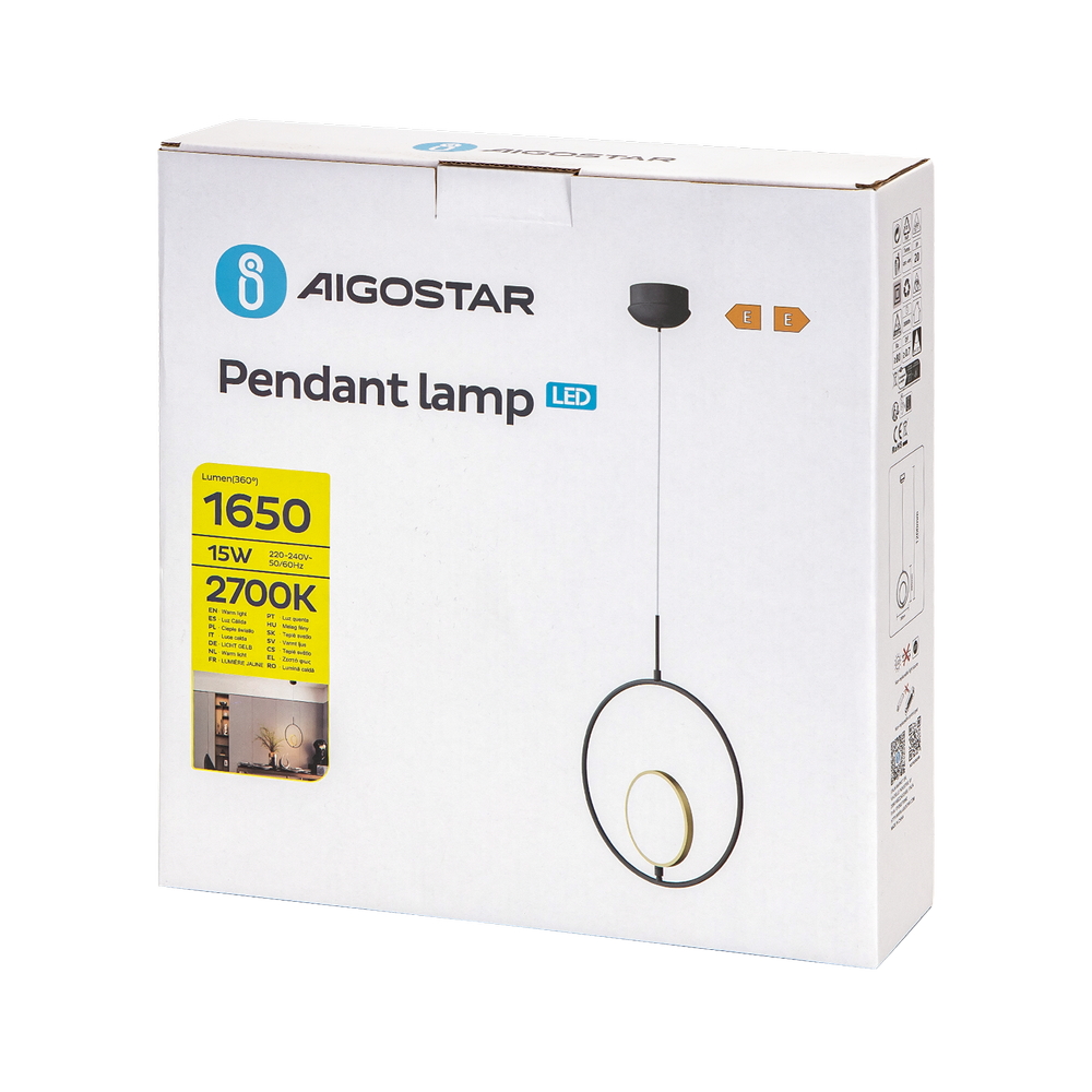 Lampadario Led da soffitto Ring Nero 15W Bianco caldo 2700K Aigostar - Foto 3