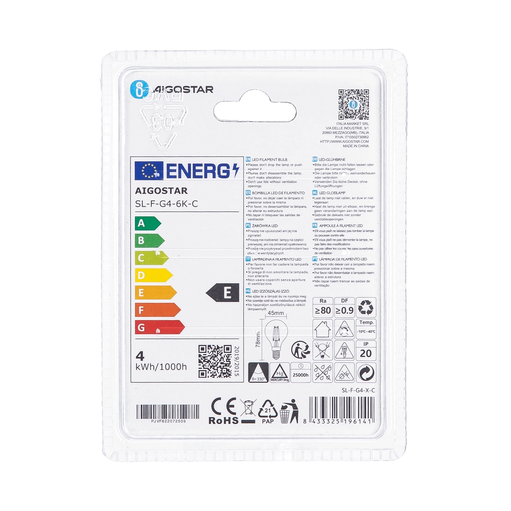 Lampadina Led a Filamento E14 G45 a sfera 4W Bianco freddo 6500K Aigostar - Foto 3