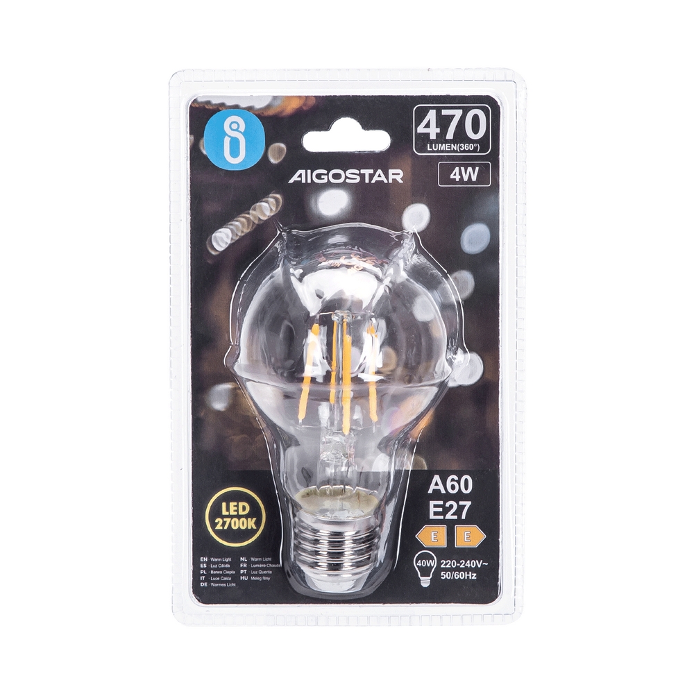 Lampadina Led a Filamento E27 A60 a bulbo 4W Bianco caldo 2700K Aigostar - Foto 2