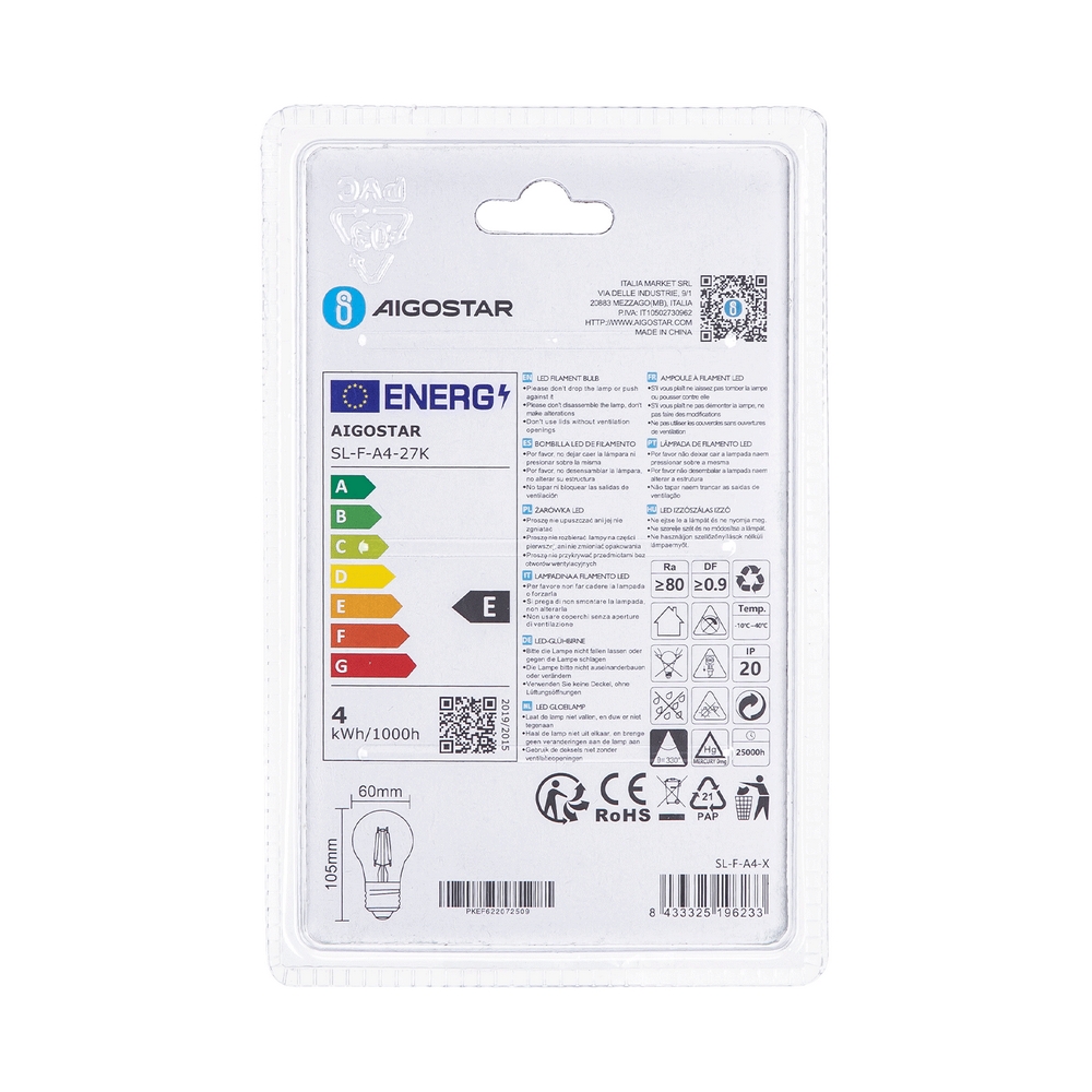 Lampadina Led a Filamento E27 A60 a bulbo 4W Bianco caldo 2700K Aigostar - Foto 3