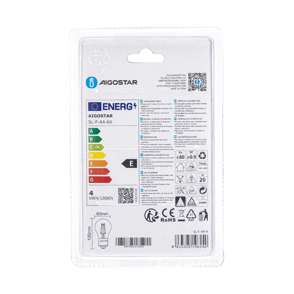 Lampadina Led a Filamento E27 A60 a bulbo 4W Bianco freddo 6500K Aigostar - Foto 3