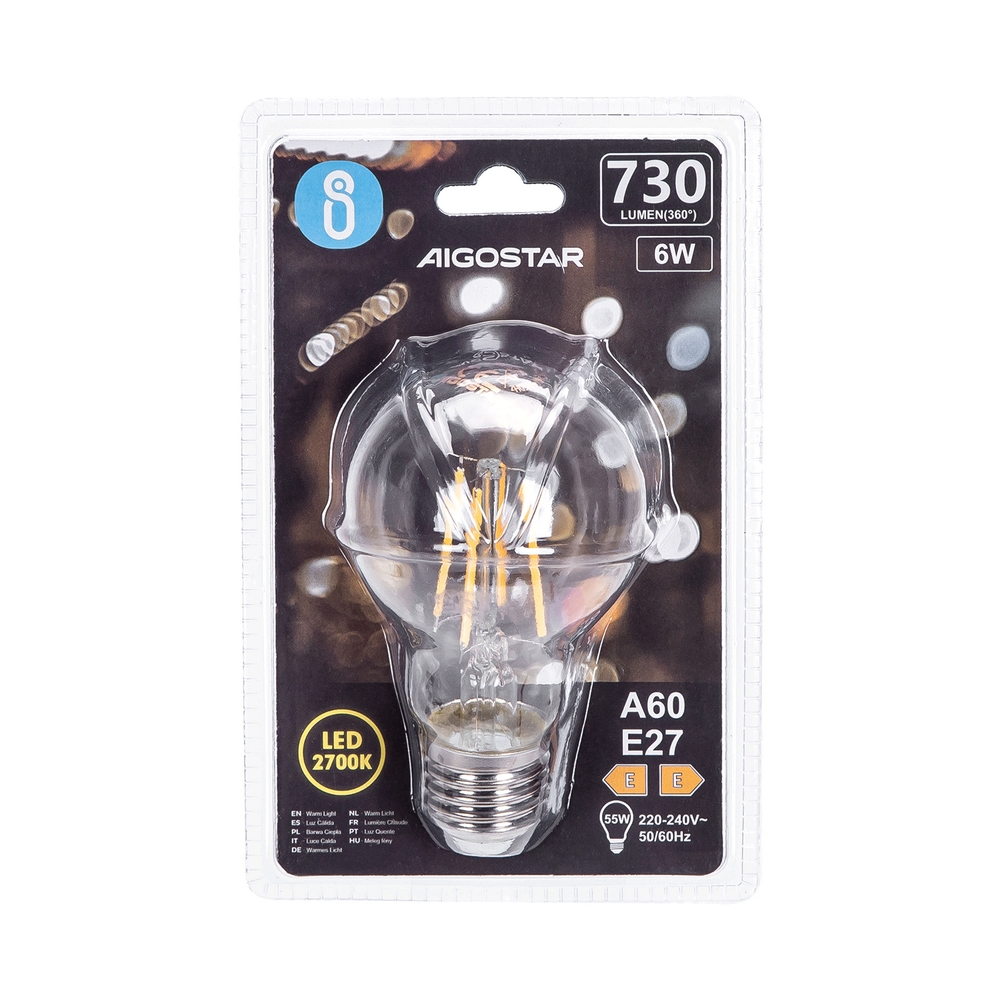 Lampadina Led a Filamento E27 A60 a bulbo 6W Bianco caldo 2700K Aigostar - Foto 2