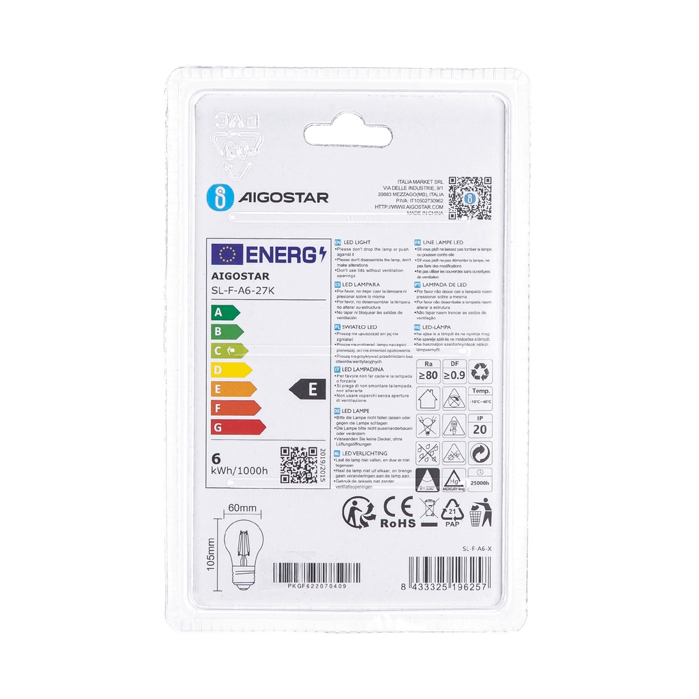 Lampadina Led a Filamento E27 A60 a bulbo 6W Bianco caldo 2700K Aigostar - Foto 3