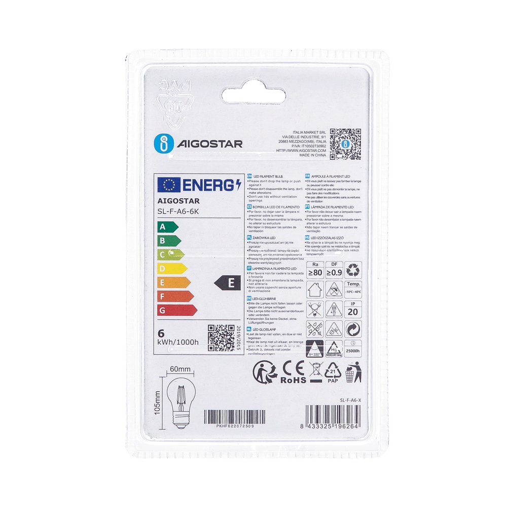 Lampadina Led a Filamento E27 A60 a bulbo 6W Bianco freddo 6500K Aigostar - Foto 3