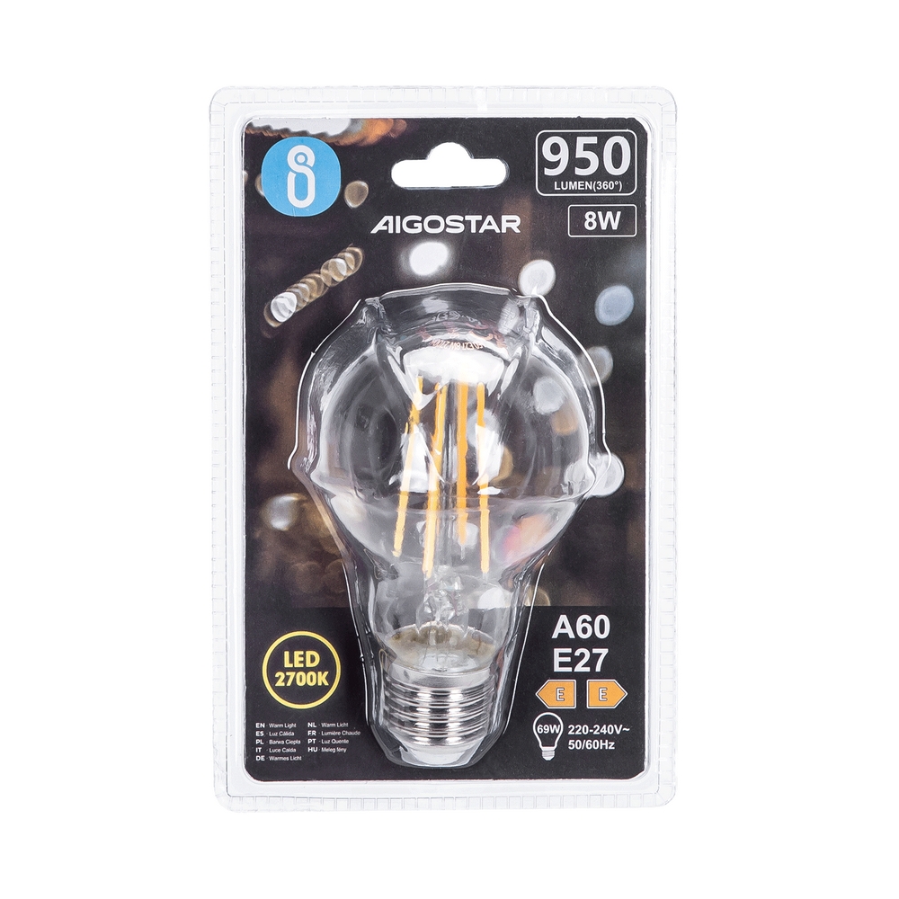 Lampadina Led a Filamento E27 A60 a bulbo 8W Bianco caldo 2700K Aigostar - Foto 2