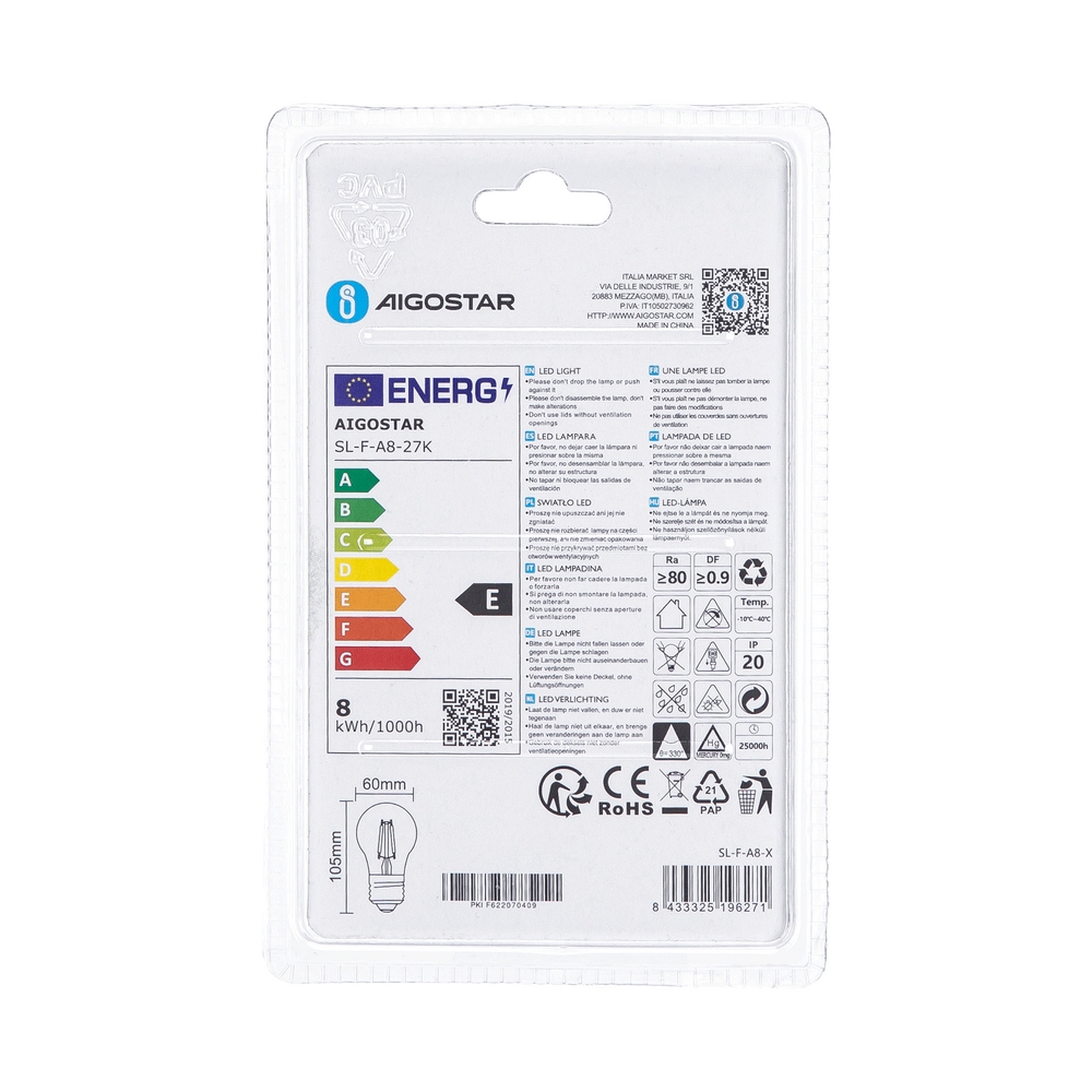Lampadina Led a Filamento E27 A60 a bulbo 8W Bianco caldo 2700K Aigostar - Foto 3