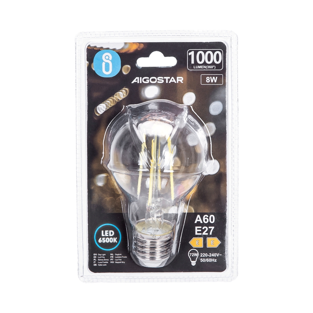 Lampadina Led a Filamento E27 A60 a bulbo 8W Bianco freddo 6500K Aigostar - Foto 2
