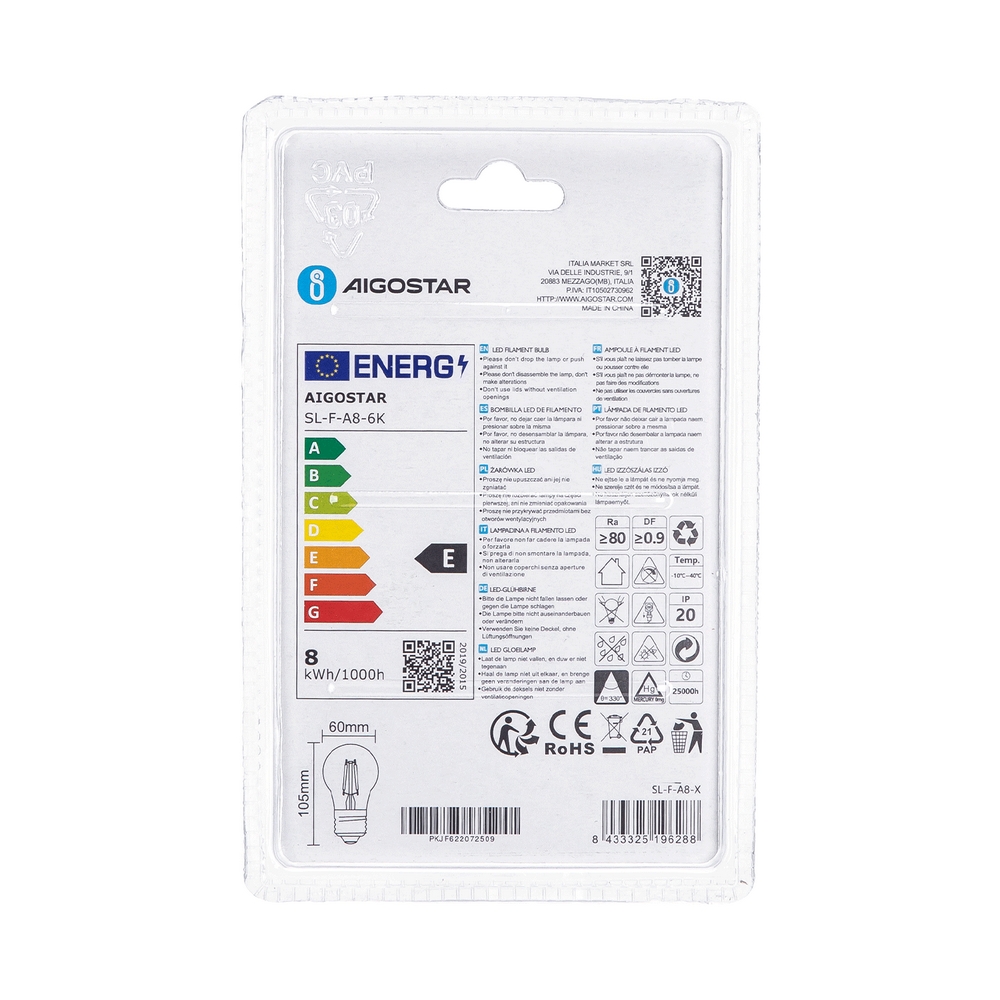 Lampadina Led a Filamento E27 A60 a bulbo 8W Bianco freddo 6500K Aigostar - Foto 3
