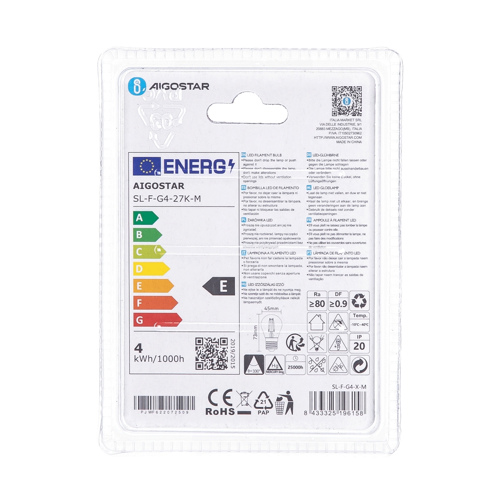 Lampadina Led a Filamento E27 G45 a sfera 4W Bianco caldo 2700K Aigostar - Foto 3