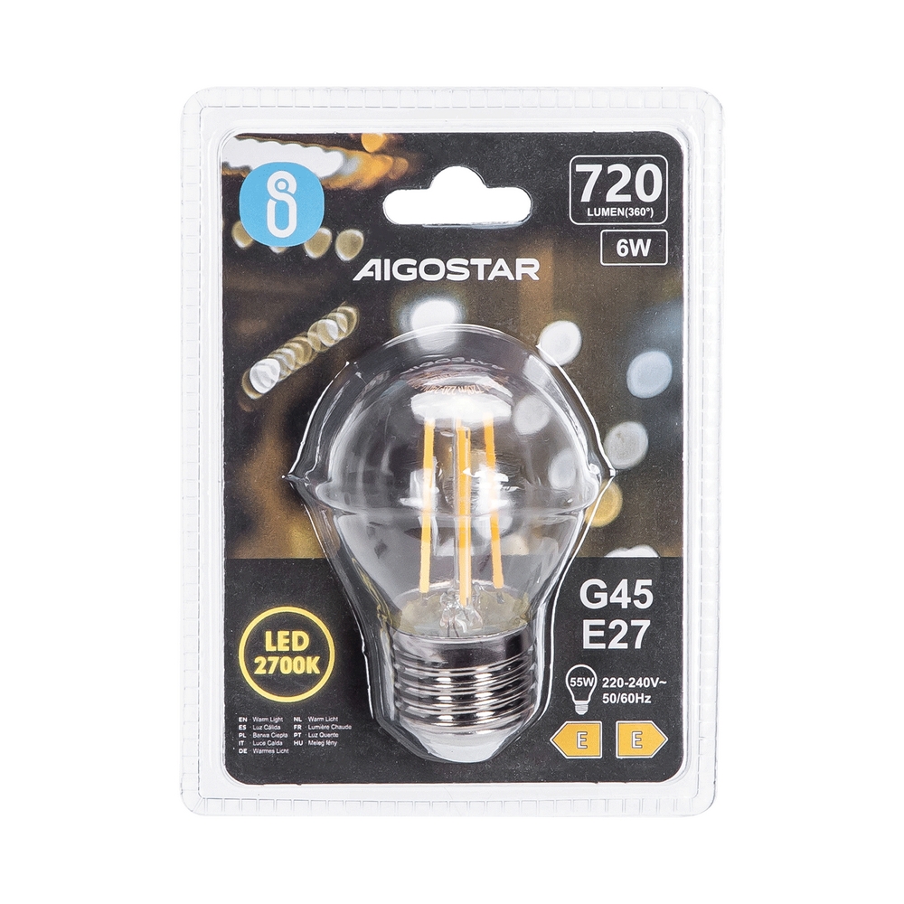 Lampadina Led a Filamento E27 G45 a sfera 6W Bianco caldo 2700K Aigostar - Foto 2