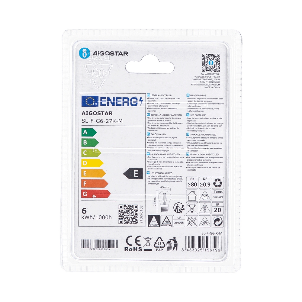 Lampadina Led a Filamento E27 G45 a sfera 6W Bianco caldo 2700K Aigostar - Foto 3