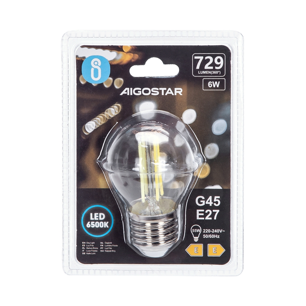 Lampadina Led a Filamento E27 G45 a sfera 6W Bianco freddo 6500K Aigostar - Foto 2
