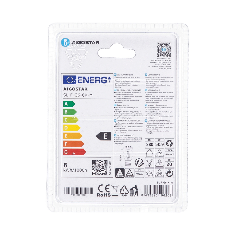 Lampadina Led a Filamento E27 G45 a sfera 6W Bianco freddo 6500K Aigostar - Foto 3