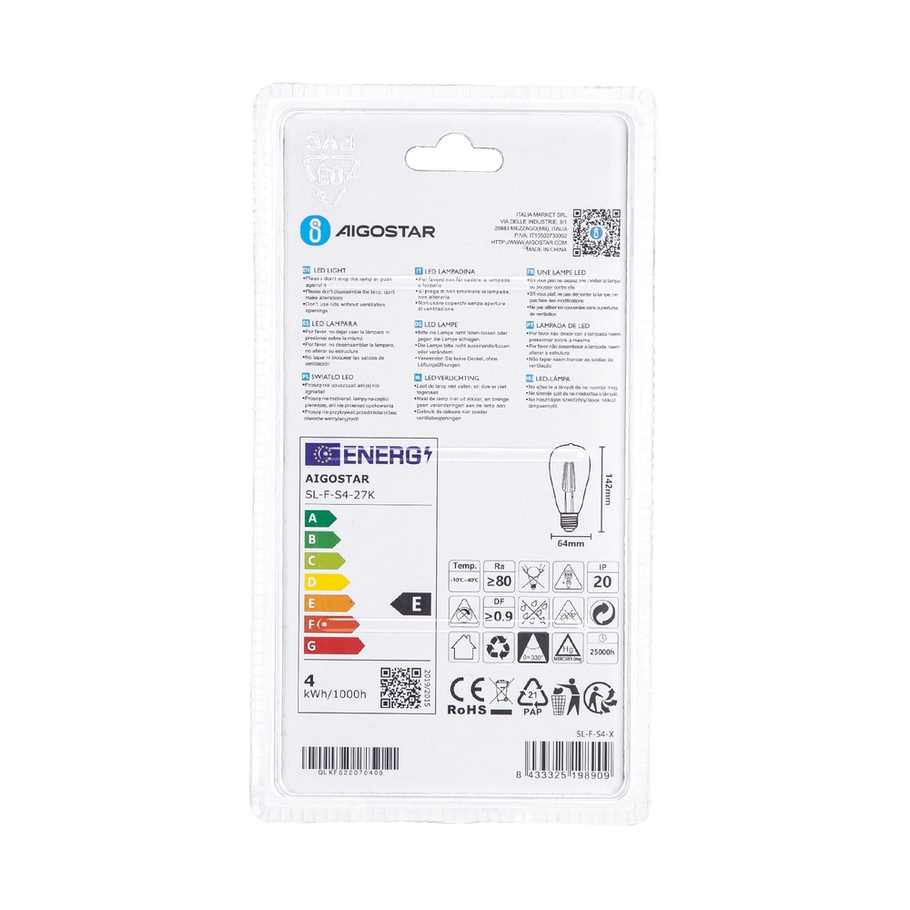 Lampadina Led a Filamento E27 ST64 4W Bianco caldo 2700K Aigostar - Foto 3