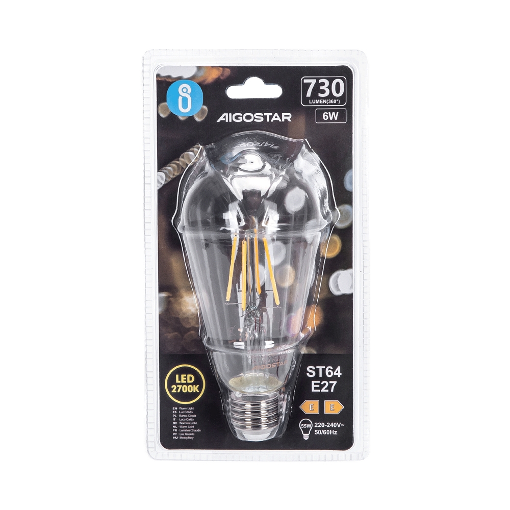 Lampadina Led a Filamento E27 ST64 6W Bianco caldo 2700K Aigostar - Foto 2