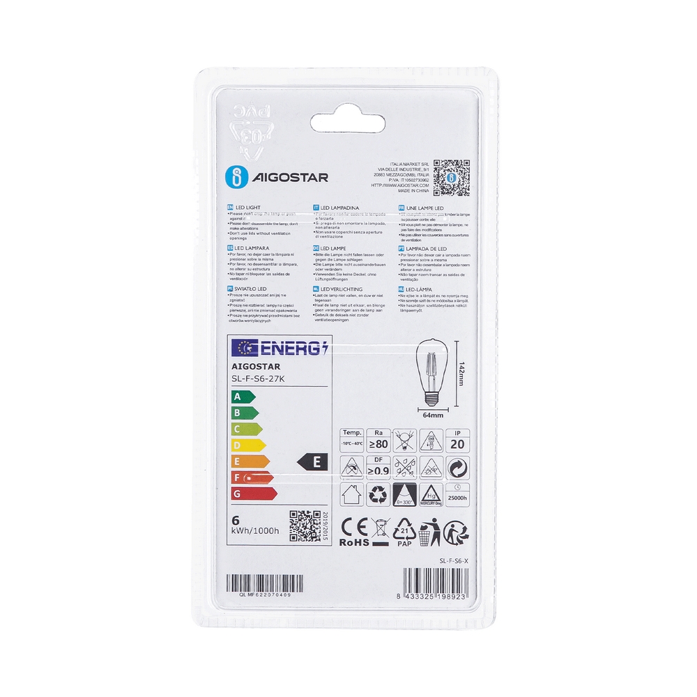 Lampadina Led a Filamento E27 ST64 6W Bianco caldo 2700K Aigostar - Foto 3