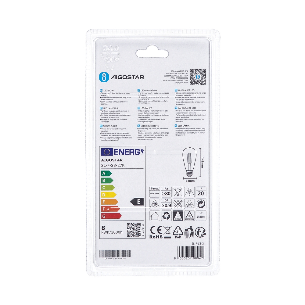 Lampadina Led a Filamento E27 ST64 8W Bianco caldo 2700K Aigostar - Foto 3