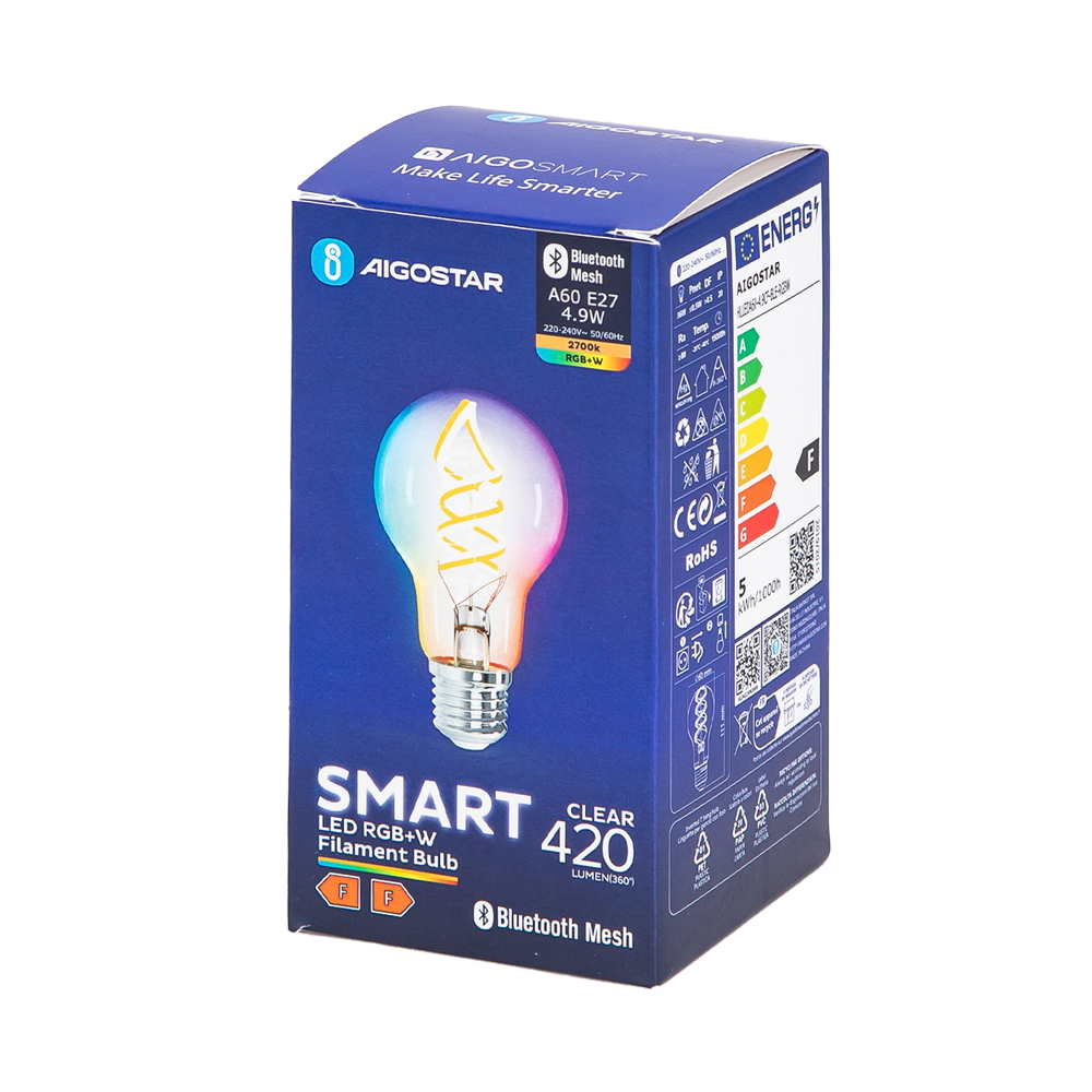 Lampadina Led a Filamento Smart A60 E27 4,9W Bluetooth Mesh RGB + Bianco caldo 2700K luce regolabile e dimmerabile Aigostar - Foto 4