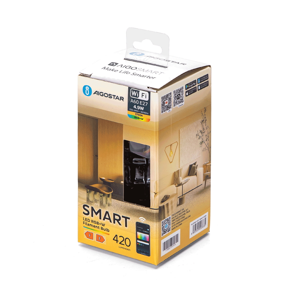 Lampadina Led a Filamento Smart A60 E27 4,9W WiFi RGB + Bianco Caldo 2700K luce regolabile e dimmerabile Aigostar - Foto 4