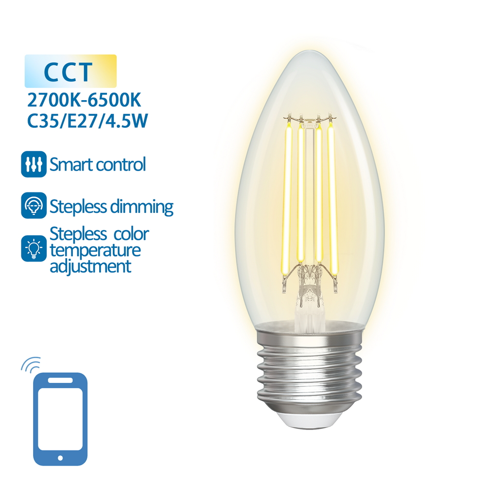 Lampadina Led a Filamento Smart C35 E27 4,5W WiFi CCT luce regolabile e dimmerabile Aigostar - Foto 1